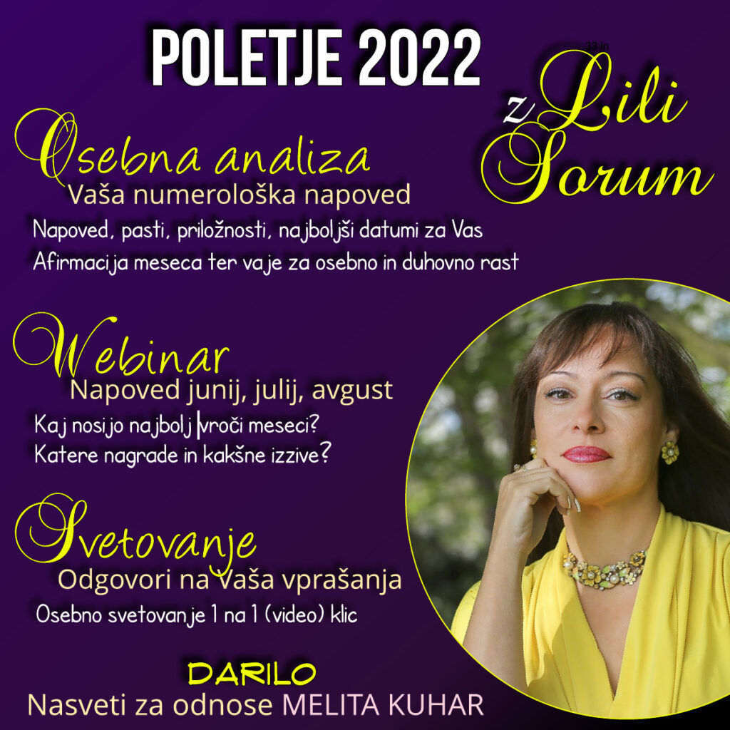 Poletje 2022 z Lili Sorum komplet Webinar, numerološka osebna analiza, svetovanje, darilo Poletje 2022 z Lili Sorum komplet Webinar, numerološka osebna analiza, svetovanje, darilo